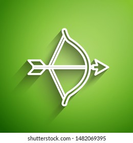 White line Bow and arrow icon isolated on green background. Cupid symbol. Love sign. Valentines day concept.  Vector Illustration