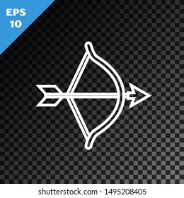White line Bow and arrow icon isolated on transparent dark background. Cupid symbol. Love sign. Valentines day concept.  Vector Illustration