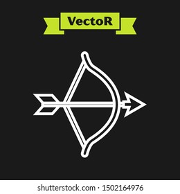 White line Bow and arrow icon isolated on black background. Cupid symbol. Love sign. Valentines day concept.  Vector Illustration