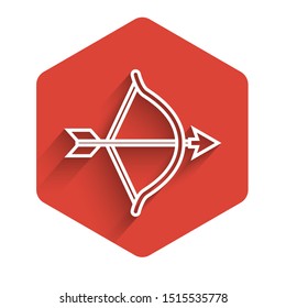 White line Bow and arrow icon isolated with long shadow. Cupid symbol. Love sign. Valentines day concept. Red hexagon button. Vector Illustration