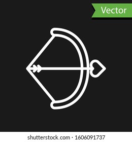 White line Bow and arrow icon isolated on black background. Cupid symbol. Love sign. Valentines day concept.  Vector Illustration
