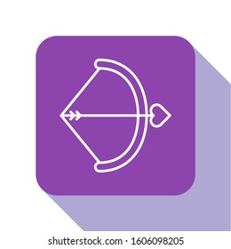 White line Bow and arrow icon isolated on white background. Cupid symbol. Love sign. Valentines day concept. Purple square button. Vector Illustration