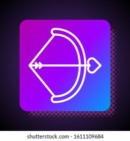 White line Bow and arrow icon isolated on black background. Cupid symbol. Love sign. Valentines day concept. Square color button. Vector Illustration