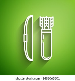 White line Bow and arrow in quiver icon isolated on green background.  Vector Illustration