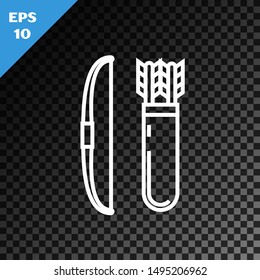 White line Bow and arrow in quiver icon isolated on transparent dark background.  Vector Illustration