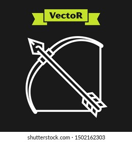 White line Bow and arrow in quiver icon isolated on black background.  Vector Illustration