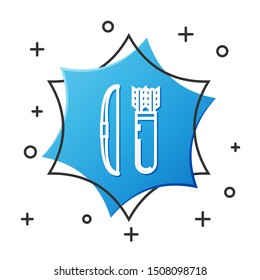 White line Bow and arrow in quiver icon isolated on white background. Blue hexagon button. Vector Illustration