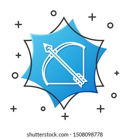 White line Bow and arrow in quiver icon isolated on white background. Blue hexagon button. Vector Illustration