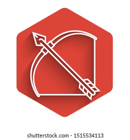 White line Bow and arrow in quiver icon isolated with long shadow. Red hexagon button. Vector Illustration
