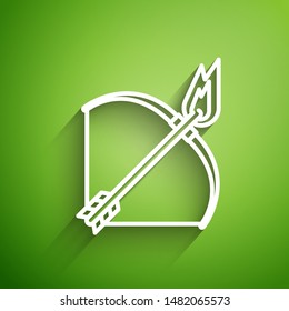 White line Bow and fire arrow icon isolated on green background.  Vector Illustration