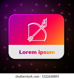 White line Bow and fire arrow icon isolated on black background. Rectangle color button. Vector Illustration