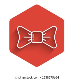 White line Bow tie icon isolated with long shadow. Red hexagon button. Vector Illustration