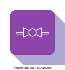 White line Bow tie icon isolated on white background. Purple square button. Vector Illustration