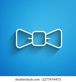White line Bow tie icon isolated on blue background. Long shadow. Vector