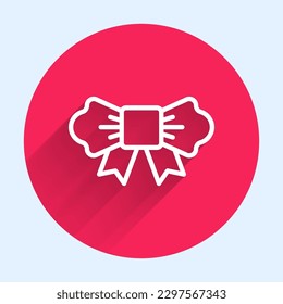 White line Bow tie icon isolated with long shadow. Red circle button. Vector