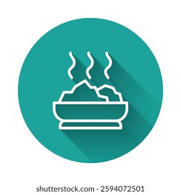 White line Bowl of hot soup icon isolated with long shadow background. Green circle button. Vector