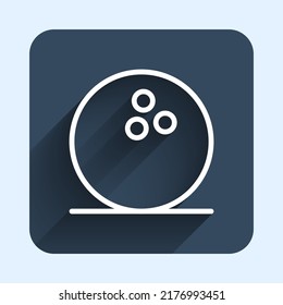 White line Bowling ball icon isolated with long shadow background. Sport equipment. Blue square button. Vector