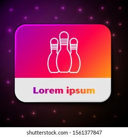 White line Bowling pin icon isolated on black background. Rectangle color button. Vector Illustration