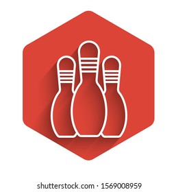 White line Bowling pin icon isolated with long shadow. Red hexagon button. Vector Illustration