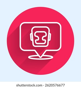 White line Boxing helmet icon isolated with long shadow background. Red circle button. Vector