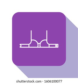 White line Bra icon isolated on white background. Woman underwear. Purple square button. Vector Illustration