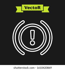 White line Brake system warning icon isolated on black background. Exclamation mark in the car. Dashboard attention sign.  Vector Illustration