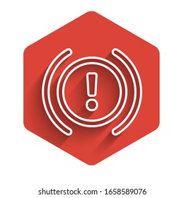 White line Brake system warning icon isolated with long shadow background. Exclamation mark in the car. Dashboard attention sign. Red hexagon button. Vector Illustration