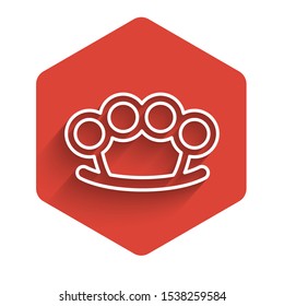 White line Brass knuckles icon isolated with long shadow. Red hexagon button. Vector Illustration
