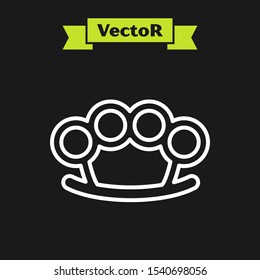 White line Brass knuckles icon isolated on black background.  Vector Illustration