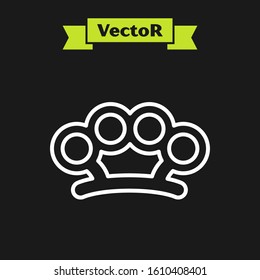 White line Brass knuckles icon isolated on black background.  Vector Illustration