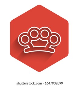 White line Brass knuckles icon isolated with long shadow. Red hexagon button. Vector Illustration