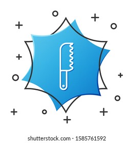 White line Bread knife icon isolated on white background. Cutlery symbol. Blue hexagon button. Vector Illustration