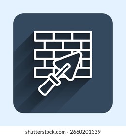 Weiße Ziegelwand mit Kelle Symbol einzeln auf langem Schattenhintergrund. Blauer quadratischer Knopf. Vektorgrafik