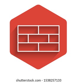 White line Bricks icon isolated with long shadow. Red hexagon button. Vector Illustration