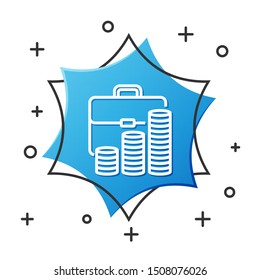 White line Briefcase and coin icon isolated on white background. Business case sign. Business portfolio.  Blue hexagon button. Vector Illustration