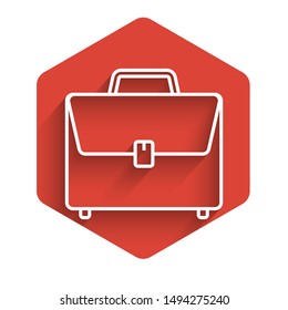 White line Briefcase icon isolated with long shadow. Business case sign. Business portfolio. Red hexagon button. Vector Illustration