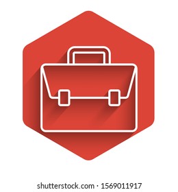 White line Briefcase icon isolated with long shadow. Business case sign. Business portfolio. Red hexagon button. Vector Illustration