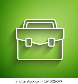 Icono de Maletín de línea blanca aislado en fondo verde. Signo de caso comercial. Cartera de negocios.  Ilustración vectorial