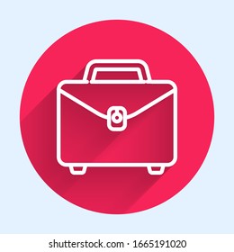 Icono de Maletín de la línea blanca aislado con sombra larga. Signo de caso comercial. Cartera de negocios. Botón de círculo rojo. Ilustración vectorial