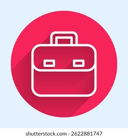 Icono de maletín de línea blanca aislado con fondo de sombra largo. Signo de caso comercial. Cartera empresarial. Botón del círculo rojo. Vector