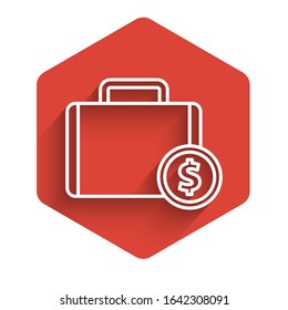 White line Briefcase and money icon isolated with long shadow. Business case sign. Business portfolio. Red hexagon button. Vector Illustration