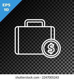 White line Briefcase and money icon isolated on transparent dark background. Business case sign. Business portfolio.  Vector Illustration