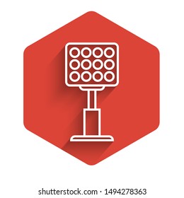White line Bright stadium lights icon isolated with long shadow. Spotlight on a football field. Floodlight, light projector. Red hexagon button. Vector Illustration