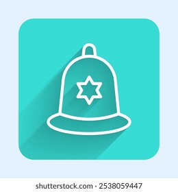 White line British police helmet icon isolated with long shadow background. Green square button. Vector