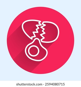 White line Broken egg icon isolated with long shadow. Happy Easter. Red circle button. Vector