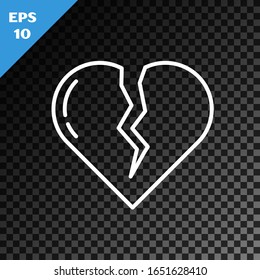 White line Broken heart or divorce icon isolated on transparent dark background. Love symbol. Valentines day.  Vector Illustration