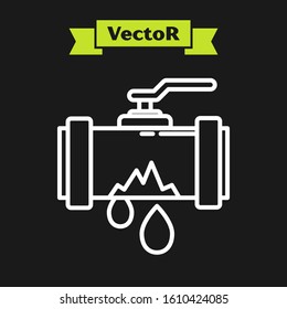 White line Broken metal pipe with leaking water icon isolated on black background.  Vector Illustration