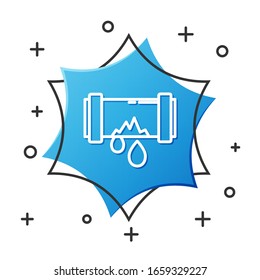 White line Broken metal pipe with leaking water icon isolated on white background. Blue hexagon button. Vector Illustration