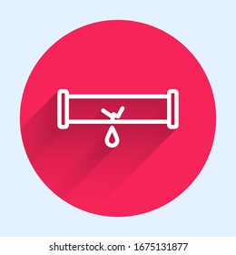 White line Broken metal pipe with leaking water icon isolated with long shadow. Red circle button. Vector Illustration
