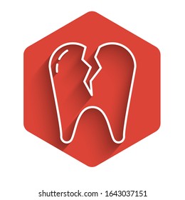 White line Broken tooth icon isolated with long shadow. Dental problem icon. Dental care symbol. Red hexagon button. Vector Illustration